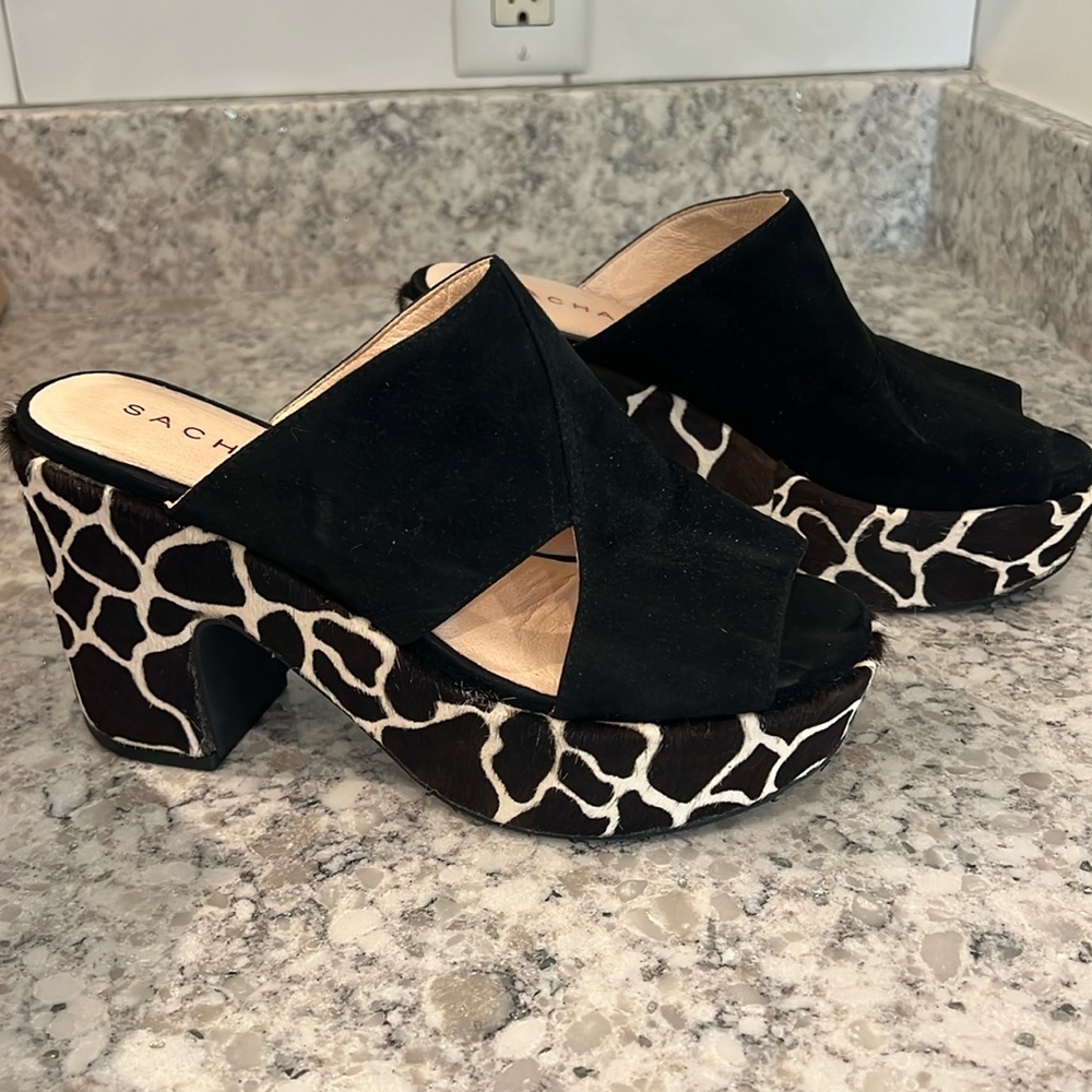 Sacha London Black Suede Platform Mules with Black and White Giraffe Print Heel